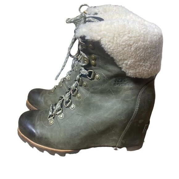 Sorel conquest wedge booties shearling leather in nori 8 distressed Sherpa - Picture 1 of 8